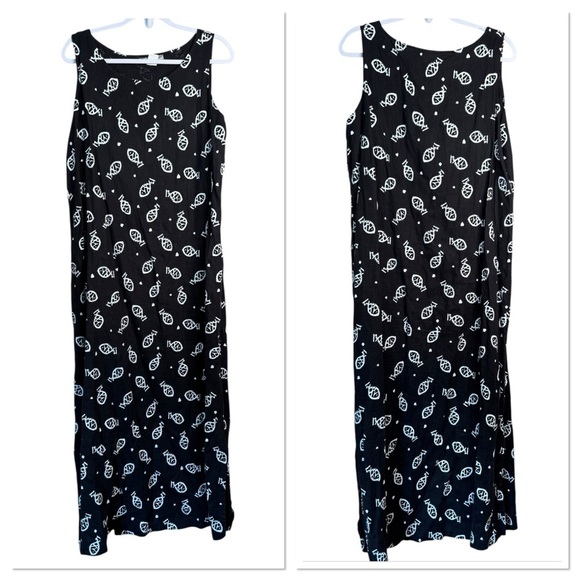 Soft As a Grape Cape Cod Tropical Fish 100% Linen Black Maxi Dress XL D16 - Picture 1 of 10
